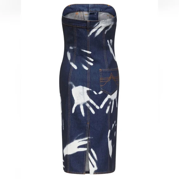 AREA Strapless Denim Dress -Hand Print Indigo Blue - Picture 3 of 10